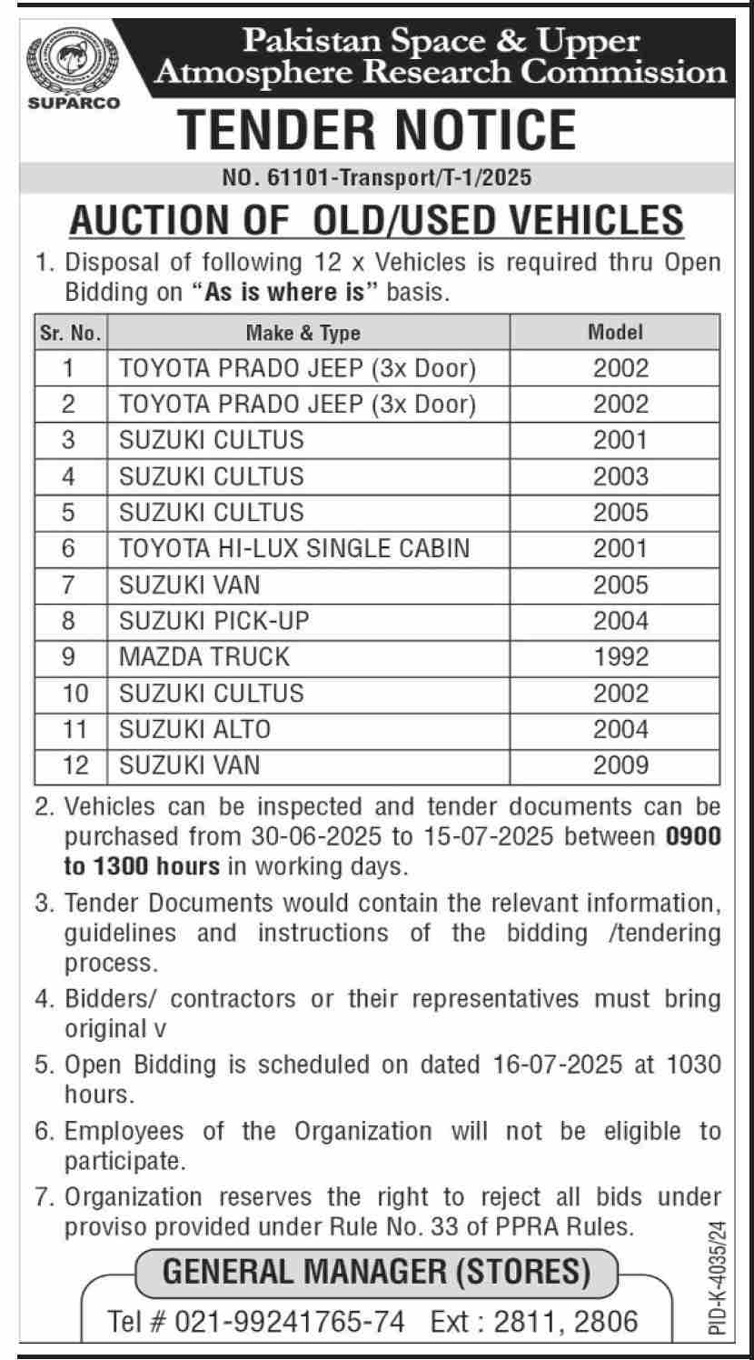 Pakistan Space & Upper Atmosphere Research Commission Karachi Tender Notice